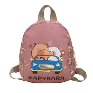 Pink Capybara cartoon mini backpack for children featuring cute animal print and nylon straps