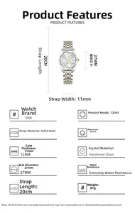 Detail view of steel watch specifications including 27mm diamond cut glass and strap size