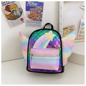 Dettaglio del materiale PU iridescente laser e cuciture trapuntate sullo zaino arcobaleno