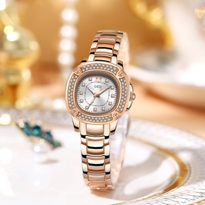Luxury rose gold women's quartz watch with full crystal bezel and elegant metal strap