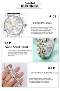 Detail view of rhombic cut glass watch face and solid stainless steel band with butterfly buckle
