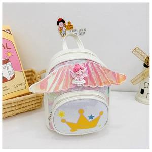 Détail du sac à dos enfant avec ailes d'ange holographiques et motif de couronne