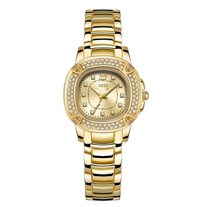 Elegant gold-tone women's quartz watch featuring a crystal-encrusted bezel and sunburst dial