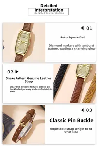 Detail view of retro square watch with sunray dial, diamond indices and snakeskin leather strap