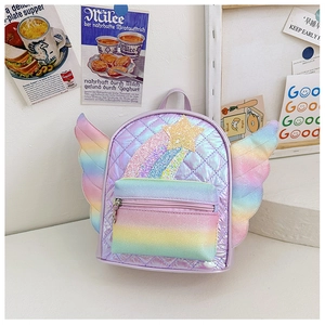 Dettaglio zaino olografico viola con stelle, trama trapuntata e ali color arcobaleno