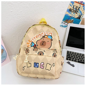 Detailed view of Capybara cartoon backpack with beige diamond pattern and front pocket