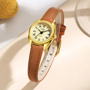 Montre À Quartz Rétro Pour Femmes Boîtier En Alliage Ovale Bracelet En Cuir Chiffres Romains Étanche GEDI