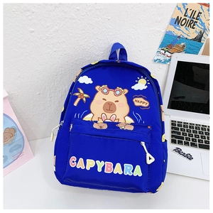 Detailed close-up of blue kids backpack with a cute cartoon capybara print and rainbow letters