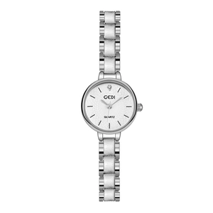 Elegant GEDI women's silver quartz watch with white snakeskin texture dial and metal band