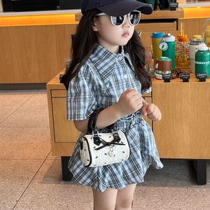 Sweet blue plaid girls summer outfit with heart bow crossbody bag for kids