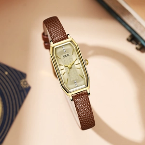 Women Vintage Quartz Watch Square Gold Alloy Case Leather Strap Waterproof Rhinestone Elegant Dress Wristwatch