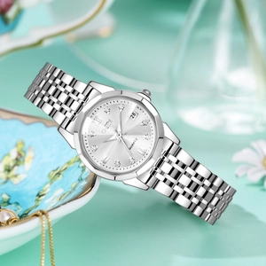 Elegant GEDI women's silver stainless steel watch with diamond markers and date window