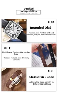 Dettaglio macro dell'orologio quadrato retrò con quadrante in madreperla bianca e pelle