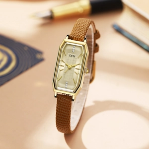 Retro small square gold watch for women with brown leather strap and diamond dial