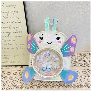 Detail of cute butterfly sequin backpack with iridescent wings and transparent window