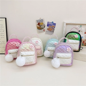 Kids Mini Backpack Quilted Iridescent PU Leather Flower Beaded Handle Fur Ball Pendant Fashion Small Schoolbag For Girls