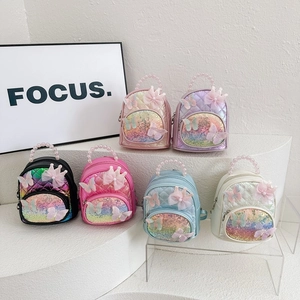 Kids Mini Backpack PU Leather Sequin Quilted Rhombus With 3D Butterfly And Artificial Pearl Handle For Kindergarten Girls Schoolbag