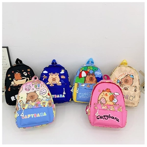 Multiple colorful cartoon Capybara school backpacks with various patterns for children