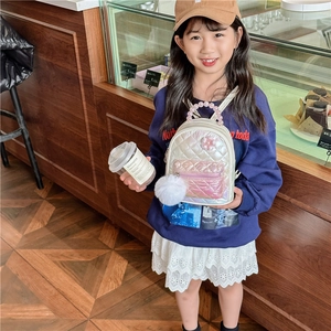 Quilted laser iridescent kids backpack with pearl handle and plush fur ball charm
