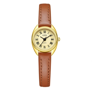 Montre vintage pour femme à quartz ovale dorée avec bracelet en cuir marron chic