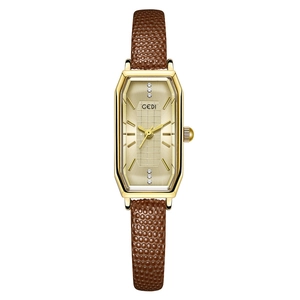 Elegant retro square gold quartz watch with a brown lizard texture leather strap for women