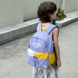 Kids large capacity backpack with Korean color block design in purple and yellow