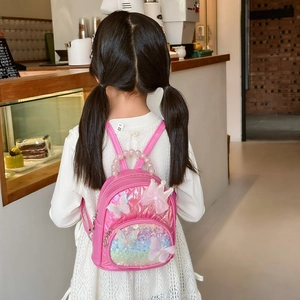 Pink sequin kids backpack with butterfly decor and faux pearl handle for little girls