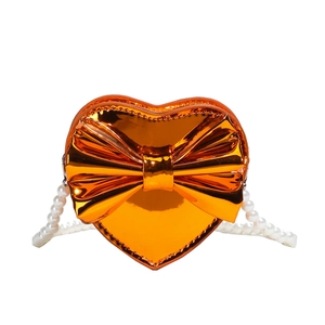 Orange laser heart crossbody bag with bow and pearl chain strap for girls