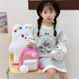 Pink quilted toddler backpack with pearl handle and fuzzy floral charms for girls
