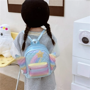Zaino celeste per bambini con ali arcobaleno e motivi a stelle per la scuola