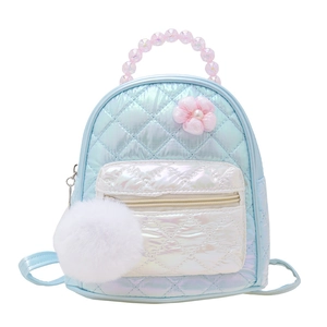 Quilted light blue iridescent kids backpack with pearl handle and white pompom charm