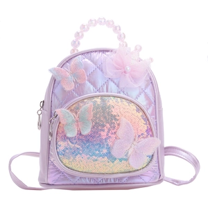 Kids lavender quilted backpack with gradient sequins, lace bow, and beaded handle