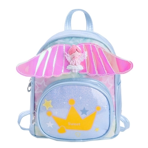 Sac à dos enfant bleu avec paillettes, ailes d'ange roses et motif de couronne