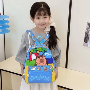 Cute kids backpack with blue and yellow contrast featuring cartoon capybara print