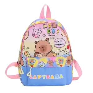 Cute Capybara cartoon backpack for kids in colorful pink and blue gradient design