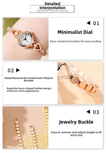 Gros plan sur une montre femme or rose avec bracelet en forme de cœur serti de diamants