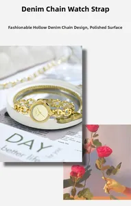 Detail view of gold elegant jewelry watch with hollow denim chain bracelet and polished finish