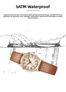 Close-up of brown leather watch with 3ATM water resistance splash effect