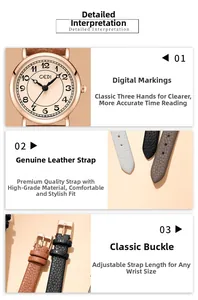 Detail view of large numeral dial, lychee leather strap, and metal buckle of the GEDI watch
