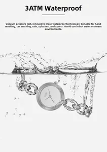 Detailed view of silver chain watch for women showing 3ATM water resistance in splashing water