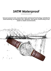 Detail of Gedi vintage watch with leather strap showing its 3ATM water resistance capability