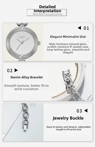 Close-up of elegant GEDI women watch with silver denim style alloy bracelet and jewelry buckle