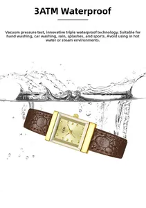 Detail of GEDI square dial watch with brown pebbled leather strap showing 3ATM waterproof feature