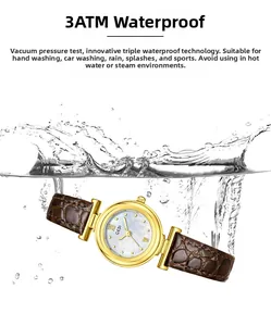 Close-up of mother-of-pearl watch splashing in water to show 3ATM water resistance