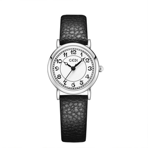 Retro women's quartz watch with black lychee leather strap and silver round dial
