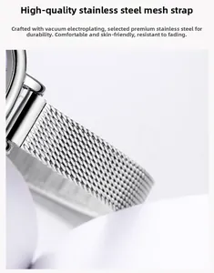 Detail of silver mesh watch band with vacuum plating for skin-friendly and durable wear