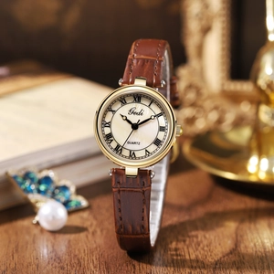 Montre À Quartz Pour Femme Bracelet En Cuir Véritable Cadran En Nacre Chiffres Romains Étanche Rétro Élégante Montre-Bracelet