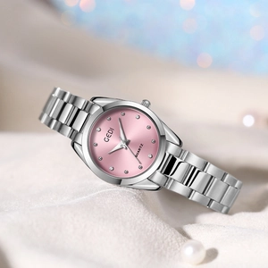 Elegante orologio da donna in acciaio argento con quadrante rosa e indici in strass lucidi