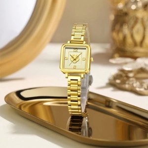 Luxurious gold square watch for women with 3D floral dial and metal chain strap