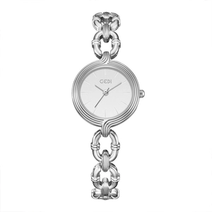 Elegant silver GEDI watch with round dial and unique metal link chain bracelet for women